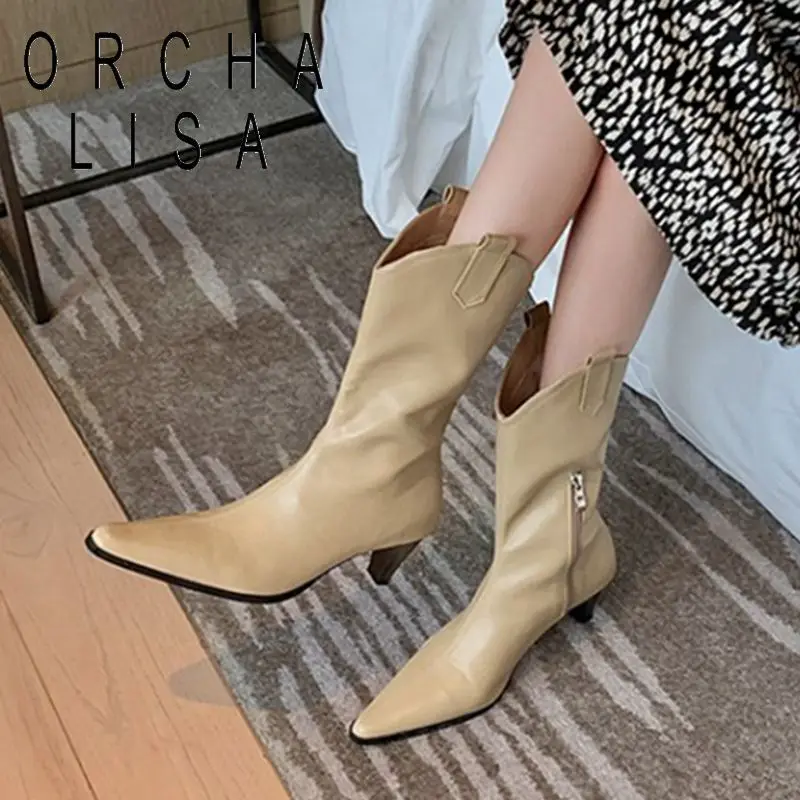 

INS Women Boots Mid -calf Full Cow Leather Warm Boots Med Heels Motorcycle Boots Punk Shoes Woman Western Boots