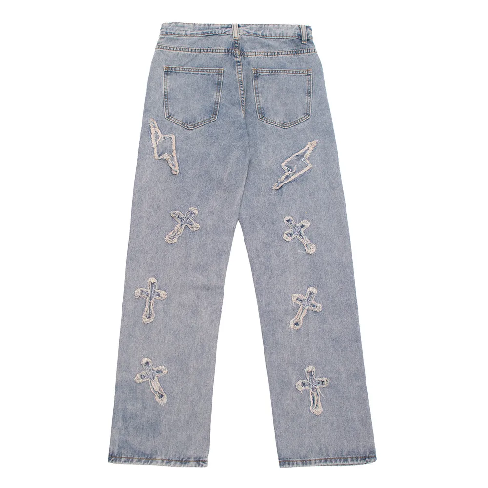 2021 Chic Cross Embroidery Retro Wash Men Straight Jeans Pants Distressed Hip Hop Baggy Casual Denim Trousers Pantalones Hombre