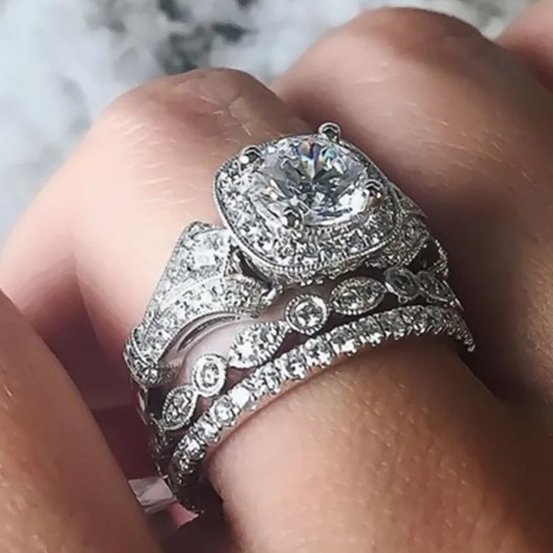

3 Pcs/Set Trendy Silver Color Full Crystal Rhinestone Zircon Ladies Ring for Women Party Wedding Engagement Jewelry