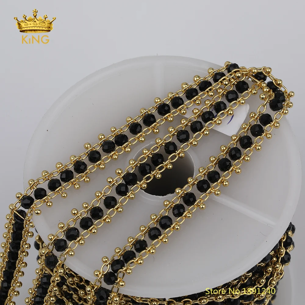 

5meters Black K9 Glass Faceted Glass Beads Rosary Chain,Bezel Crystal Glass Plated Gold Double Copper Links for Glasses Chains