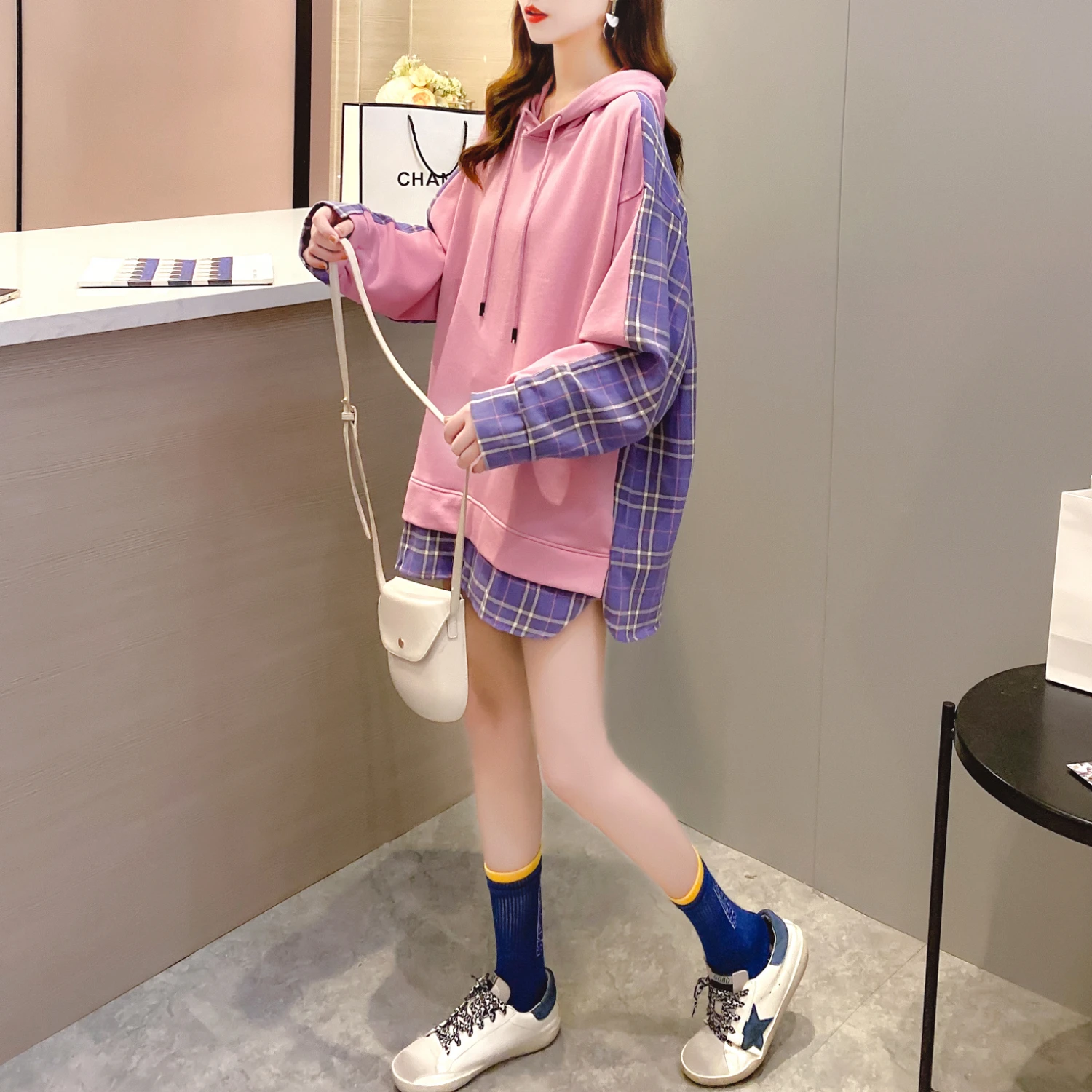 

Large Size Plaid Patchwork Hooded Sweatshirts Women 2021 Autumn Trendy Loose Jip Hop Korean Hoody Sweatshirt Oversize Streetwear