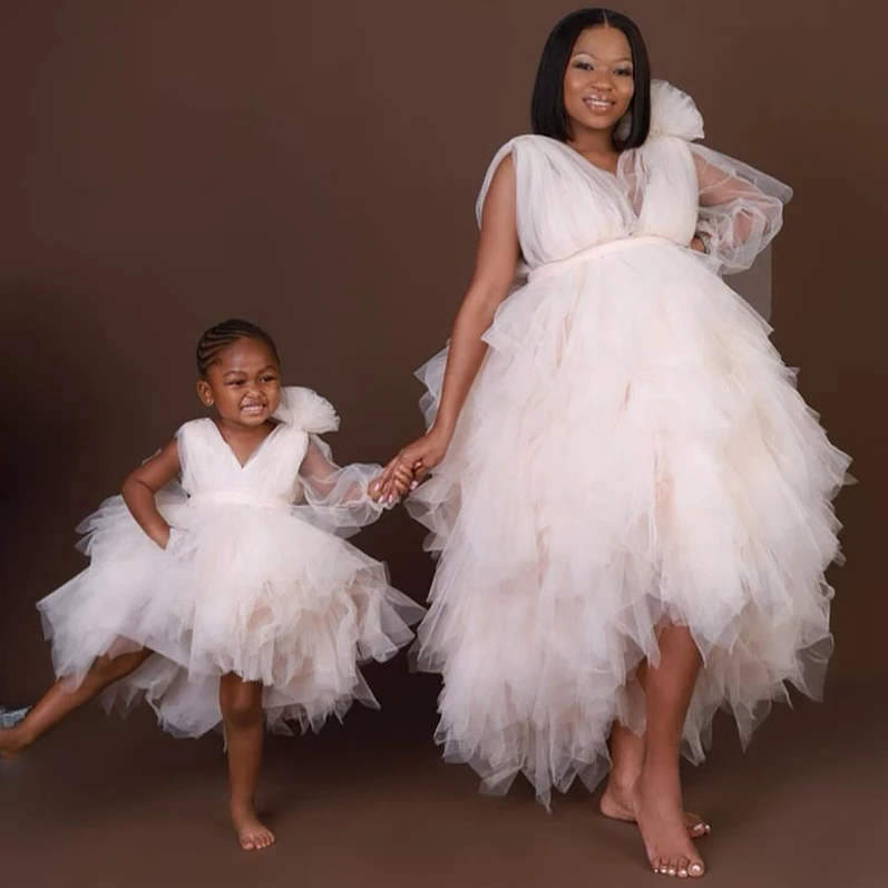

V-neck Prom Dress Mommy And Me Dress Girls Dress Flower Girl Party Dress Midi Long Dress Evening Dresses Custom Made White Dress