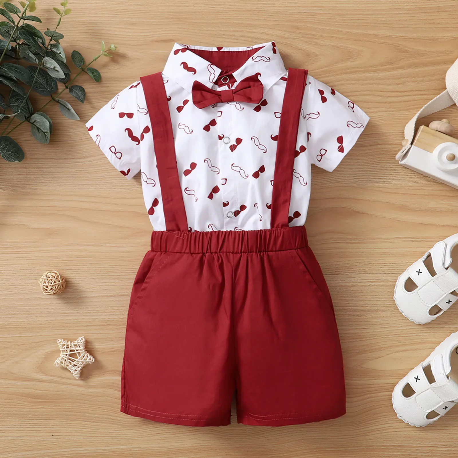 

2 PCS Baby Boys Overalls Clothes Set Beard Print Short Sleeve Lapel Neck Shirt And Solid Color Suspender Shorts