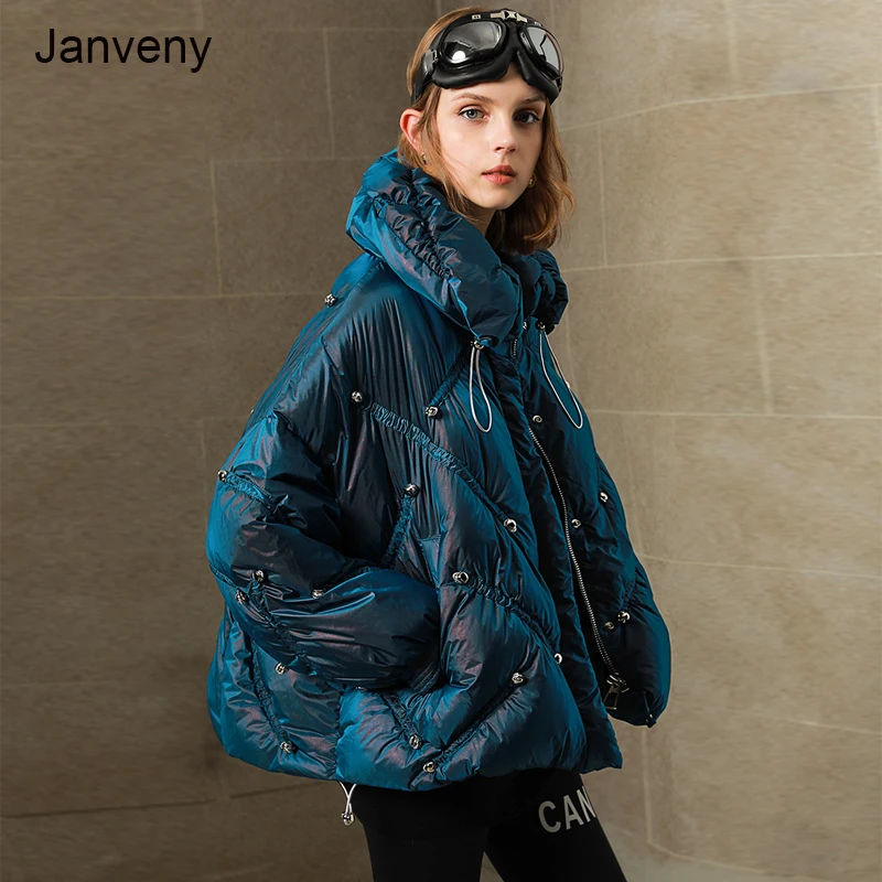 

Janveny 90% White Duck Down Jacket 2021 Winter Women Waterproof Gloosy Coats Female Shiny Puffer Feather Parkas Snow Outwear