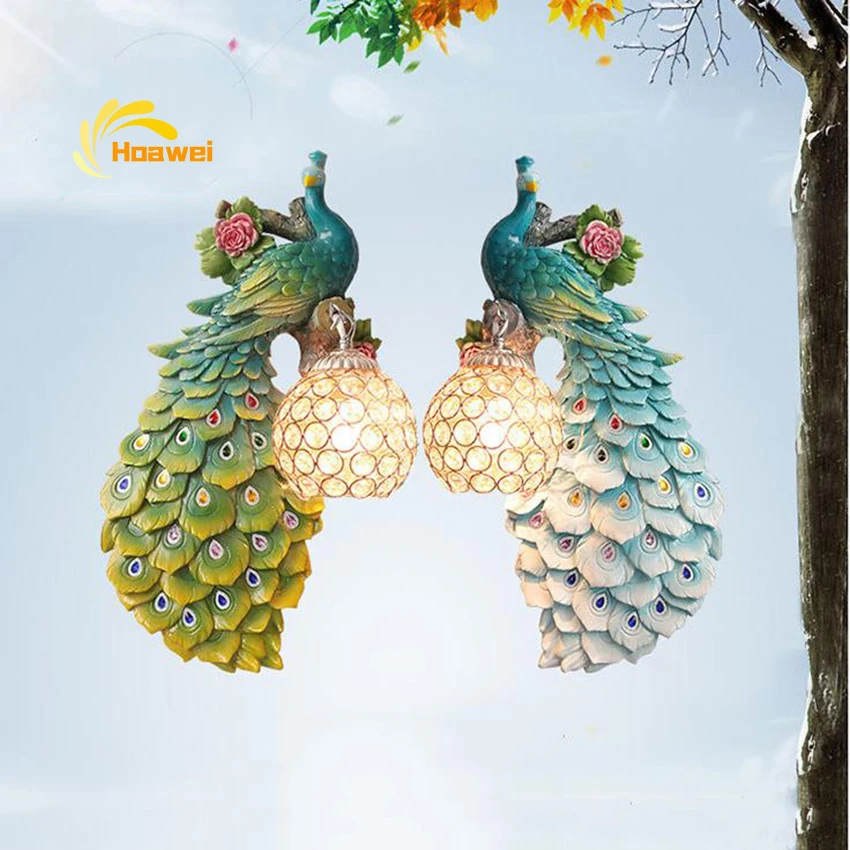 

Nordic Luxury LED Wall Lamp Modern Creative Peacock Crystal Lampshade Indoor Art Wall Light Bedroom Bedside Wall Sconce Lamps