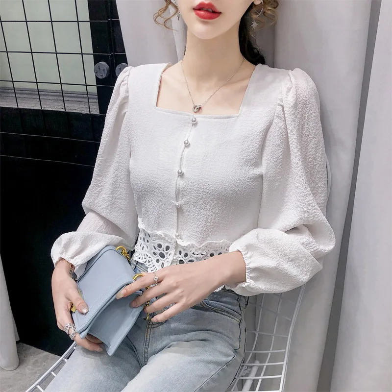 

2020 New Style Long Sleeve Women Lace Short Square Collar