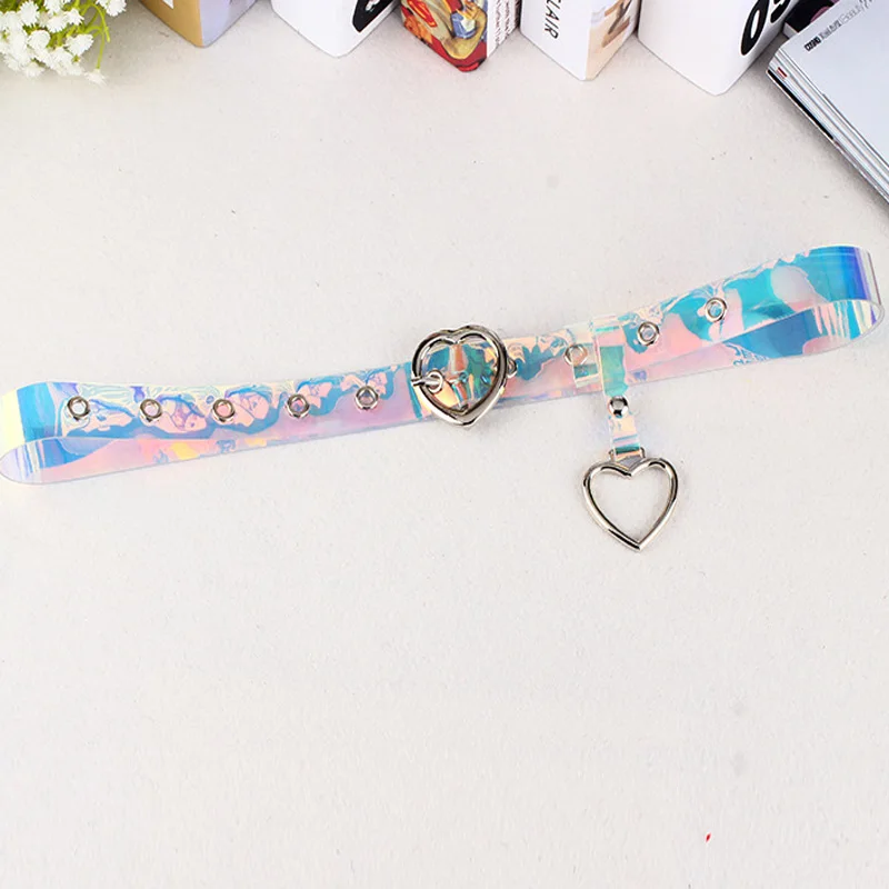 Heart Buckle Лазерный женский ремень голографический чистый поясной ремень металлическая пряжка кольцо Украшенные прозрачные поясные ремни для женщин пояс - Цвет: Heart Buckle