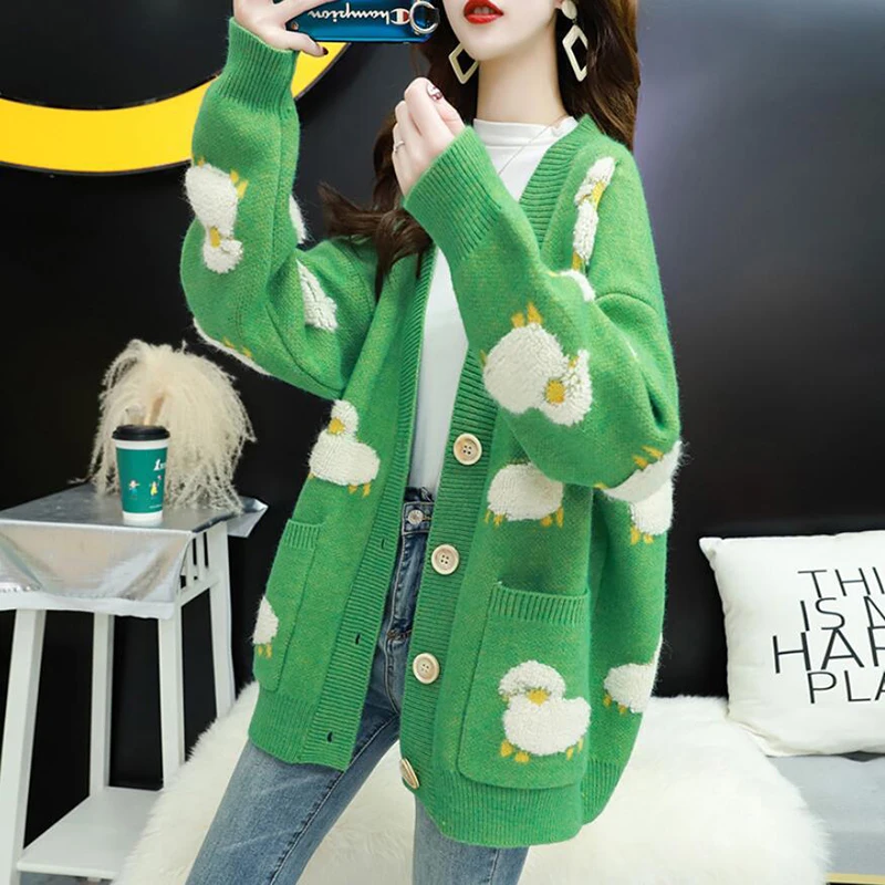 Женский вязаный кардиган Свободный с длинным рукавом и мультяшным принтом