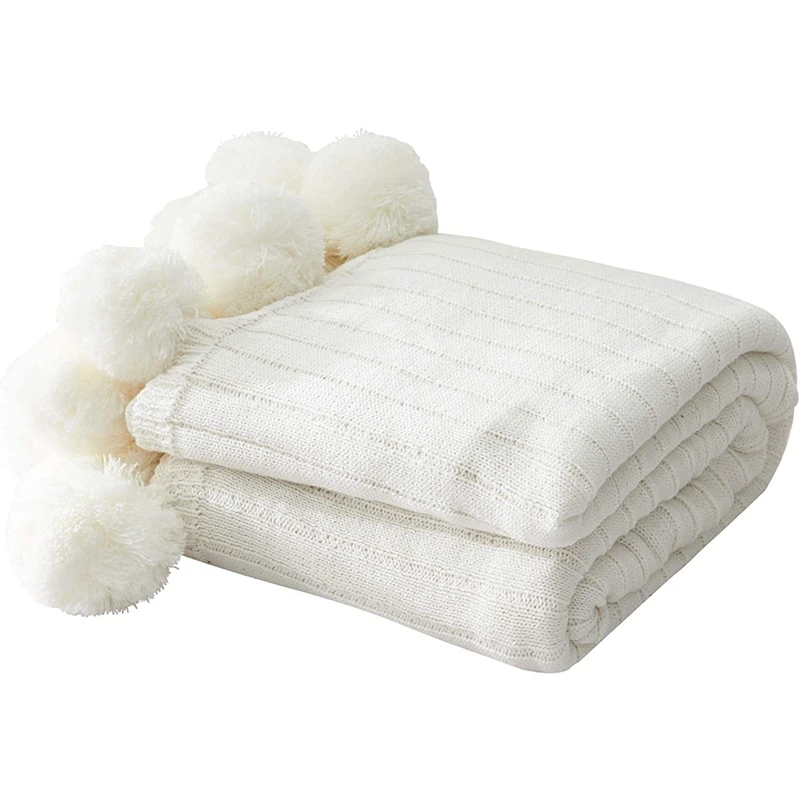 

Плед для дивана, белое одеяло с помпоном, вязаное одеяло с помпонами, пушистое, мягкое, уютное, теплое вязаное покрывало