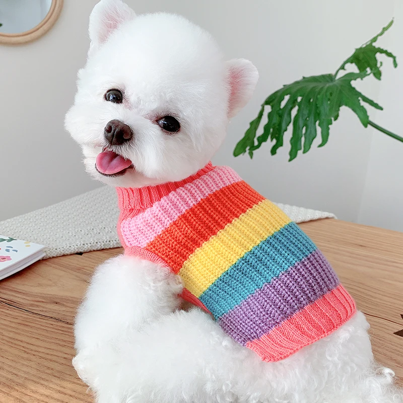 

Autumn Winter Custom Rainbow Sweater Pet Dog Cat Teddy Hiromi Bichon Schnauzer,Dog Clothes for Small and Medium Dog