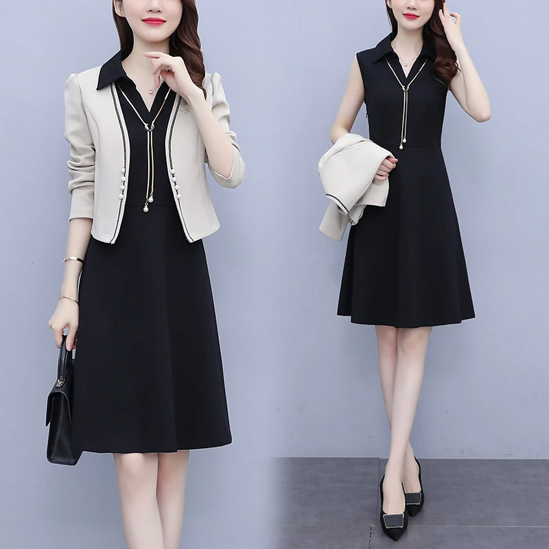 

Женский офисный комплект одежды, элегантное Деловое платье и топ, пальто с длинным рукавом и платье без рукавов, одежда на день рождения