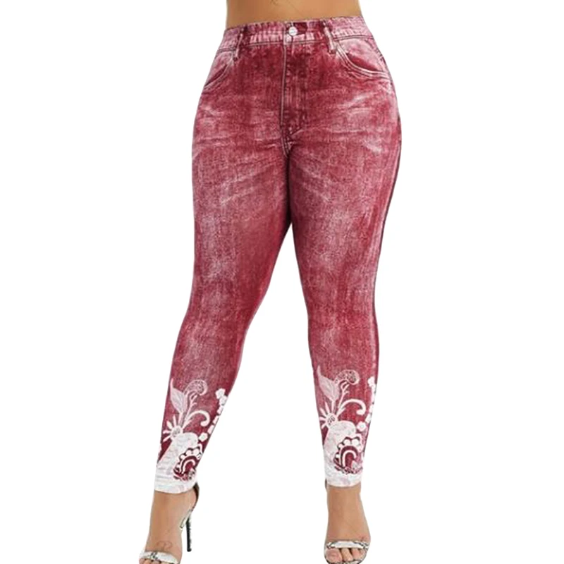 Женские леггинсы для спортзала джинсы из искусственного денима с карманами и