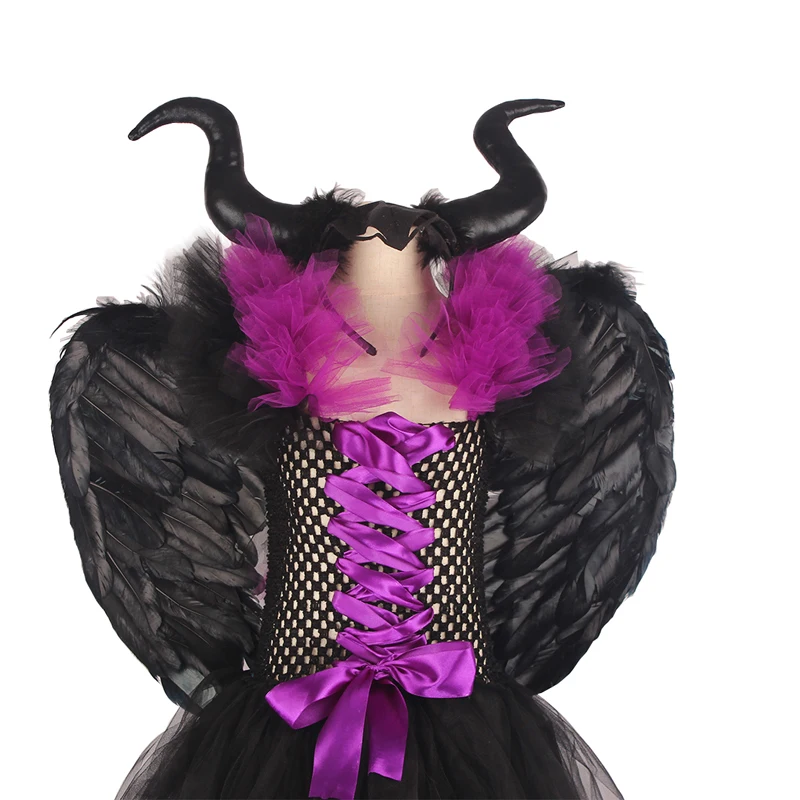 Maleficent/платье-пачка «злая королева» для девочек с роговыми крыльями; костюм ведьмы для косплея; детское праздничное рождественское платье