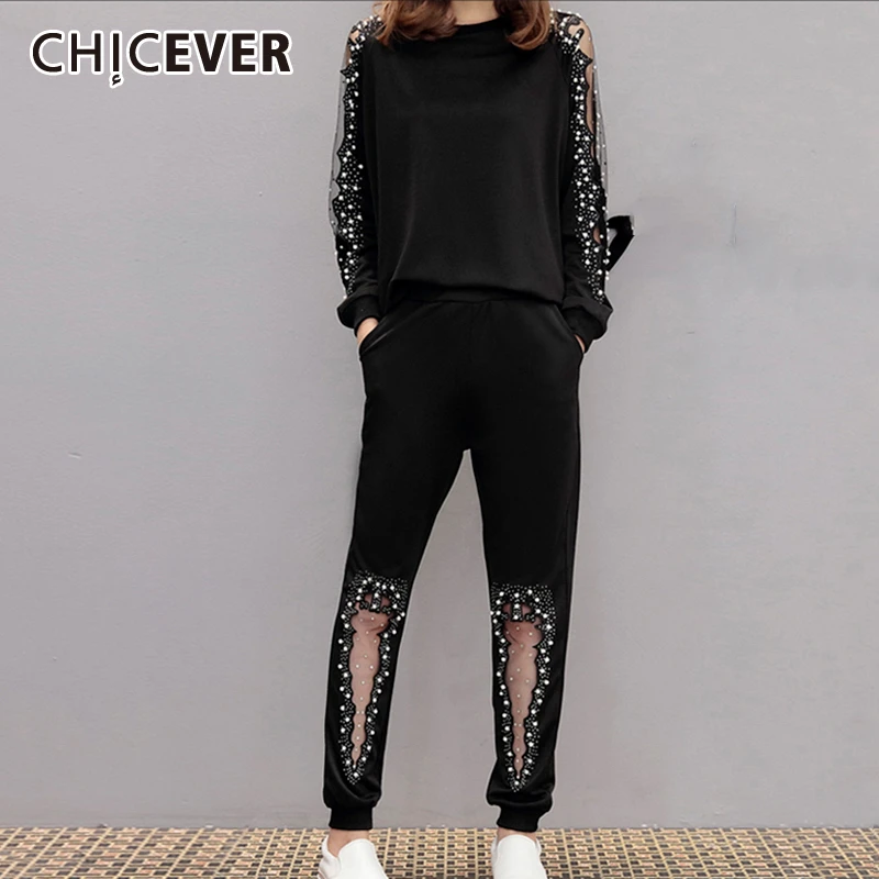 CHICEVER Лоскутная Сетка жемчуг комплект из двух частей для женщин О образный вырез