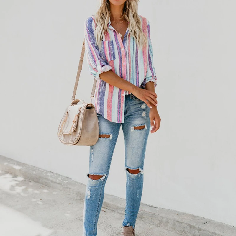 

Women Striped Long Sleeve Blouse Loose Vintage Tops Camisa Feminina Women Elegant Office Lady Shirts And Blouses