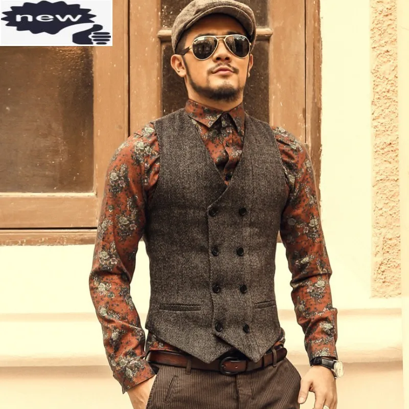 

Fashion European Double Breasted V-Neck Wool Blends Mens Vests Casual Slim Fit Plus Size Male Suit Short Waistcoats Formal Wear