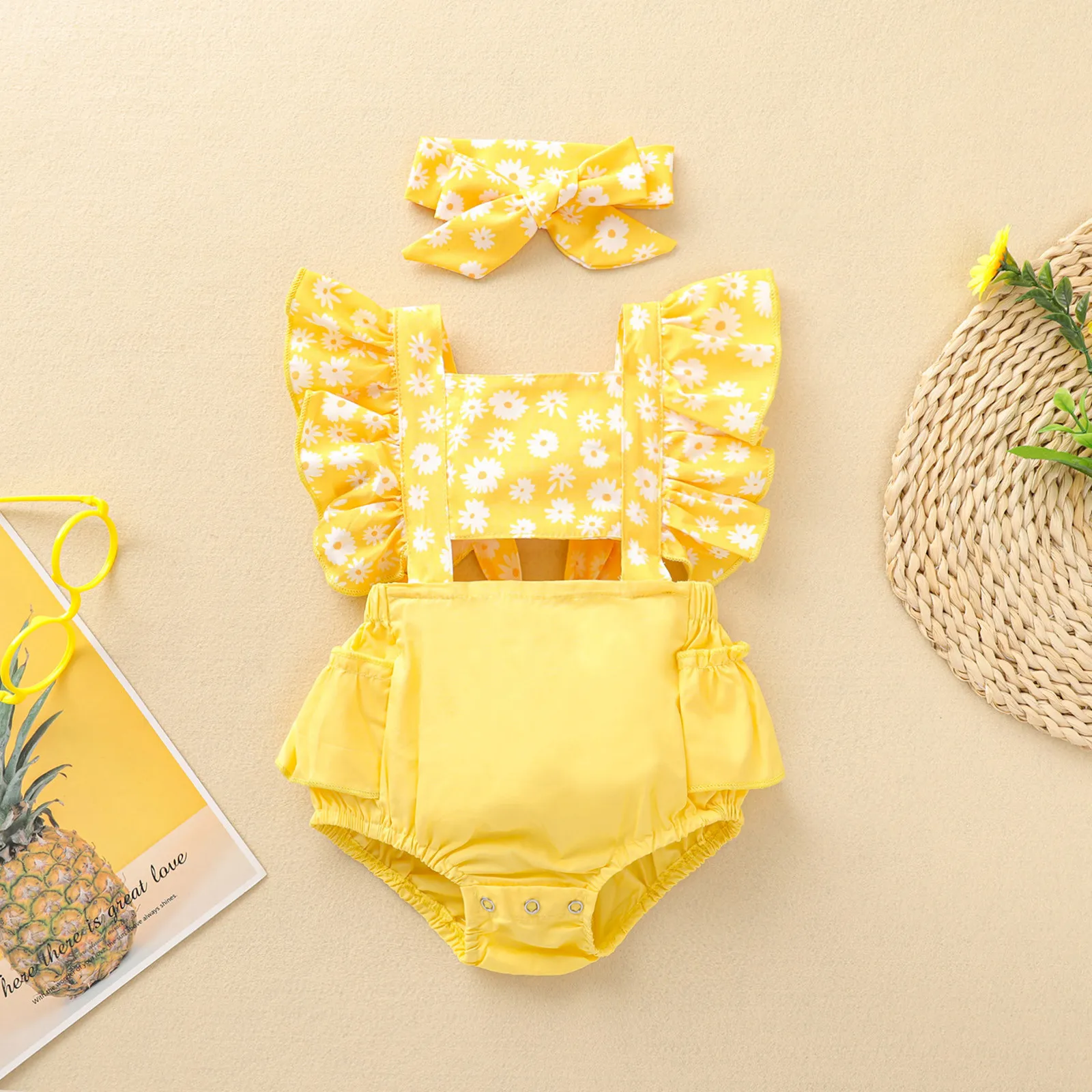 

Newborn Baby Girl Ruffle Flower Print Bodysuits Headband 2pcs Sunsuit Outfits Floral Stitching Bodysuits Summer Baby Clothes