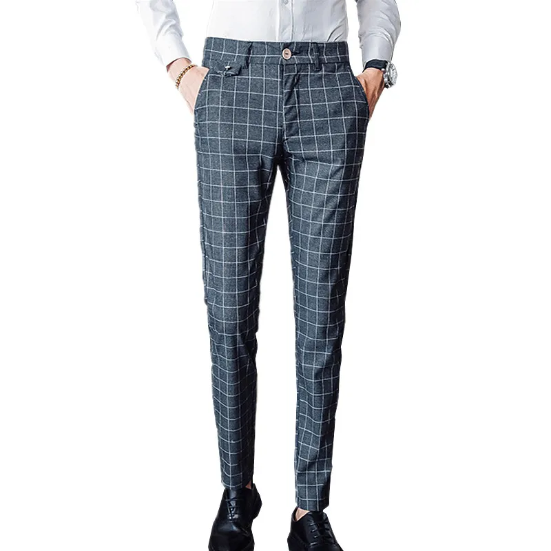 Брюки мужские серые в клетку деловые Повседневные Классические штаны большие
