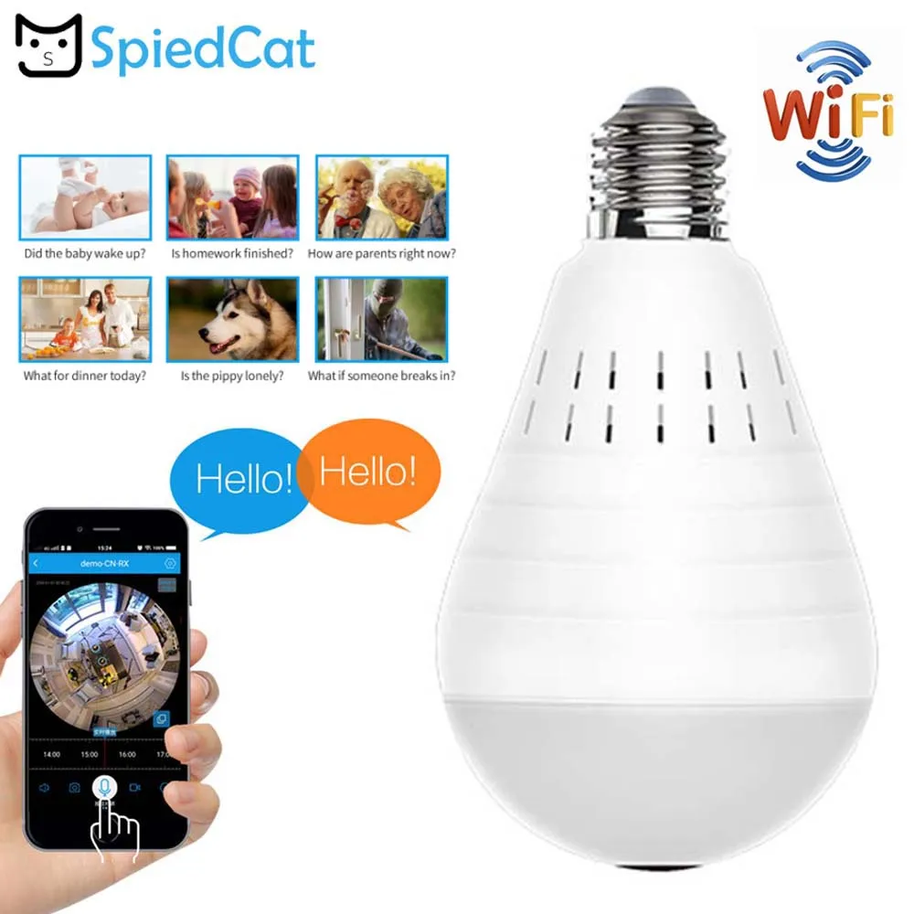 360 градусов панорамный объектив рыбий глаз E27 лампа ночного видения P2P Wifi