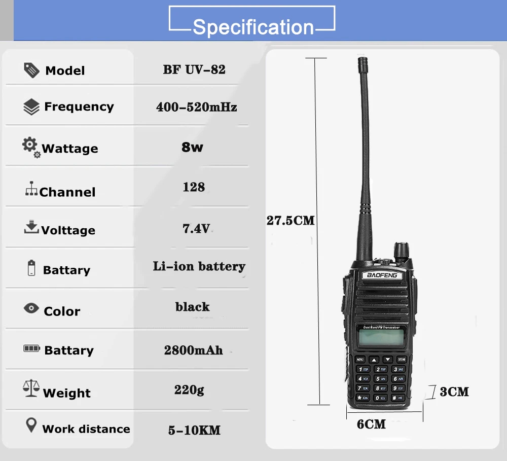 Baofeng двухстороннее радио UV-82 рация 8 Вт 128 канал двухдиапазонный УКВ 136-174 МГц 400-520 МГц Портативный Baofeng UV82 радиоприемник