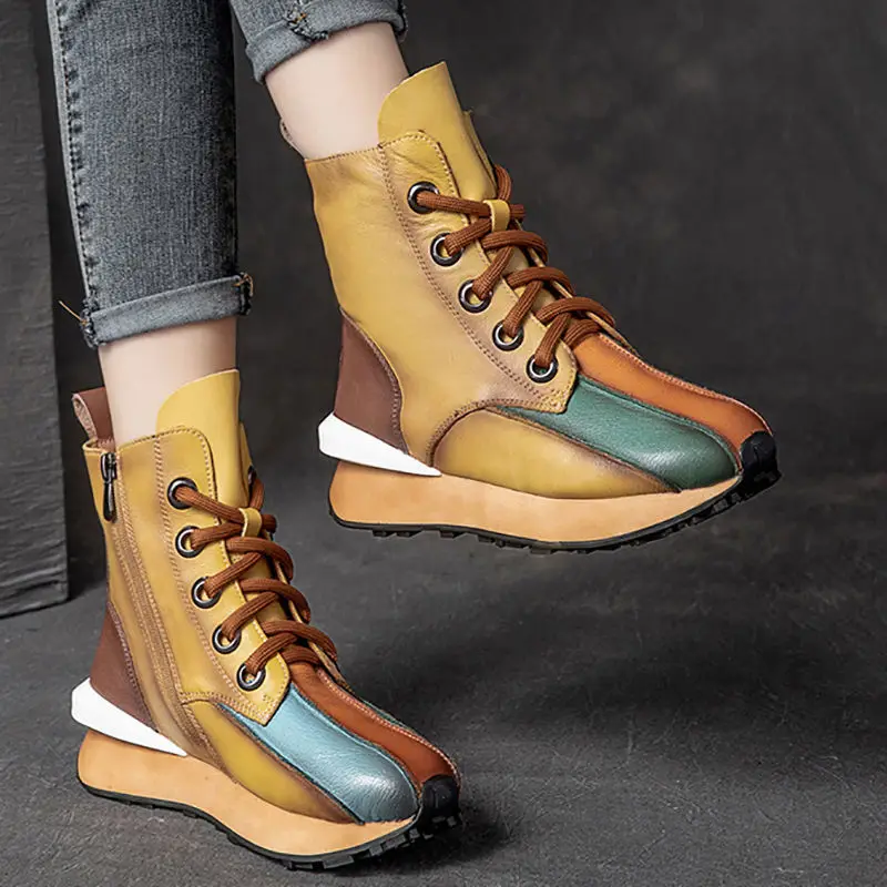 

Autumn Winter Women Platform Ankle Boots Fashion Mixed Colors Leather Splicing Short Boots Female Comfortable Chunky Booties