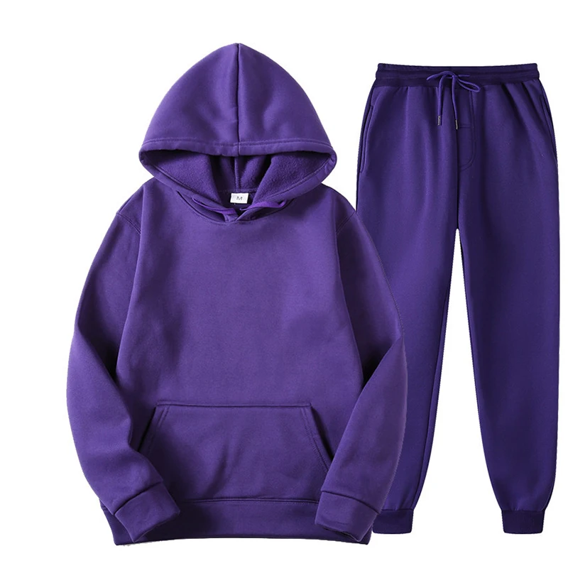 Autumn Hoodies Women Two Piece Set Solid Fleece Oversized Tracksuits Winter Thick Warm Hooded Sweatshirt Jogger Pants Suit