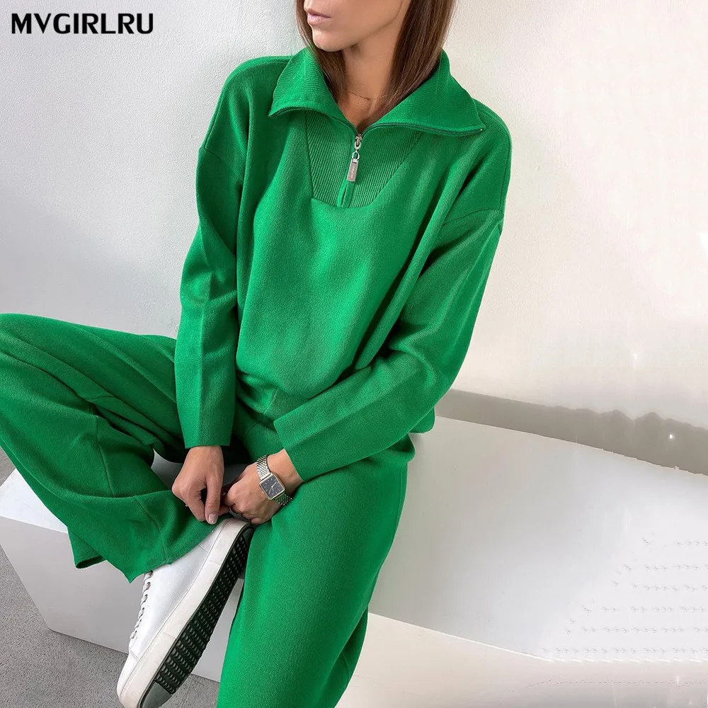 

Женский трикотажный спортивный костюм MVGIRLRU, пуловер на молнии с длинным рукавом и вязаные свободные штаны, комплект из 2 предметов