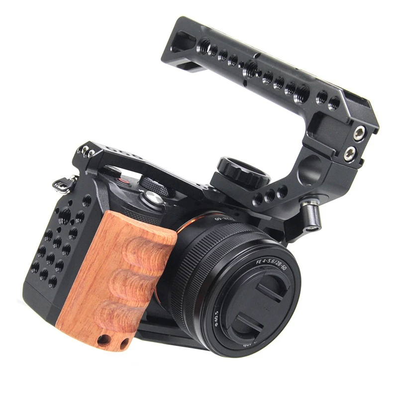 

Wooden Handle Protection Frame for Sony A7C Camera Housing Cage with Cold Shoe 1/4 Hole for Mic Tripod LED Video Light