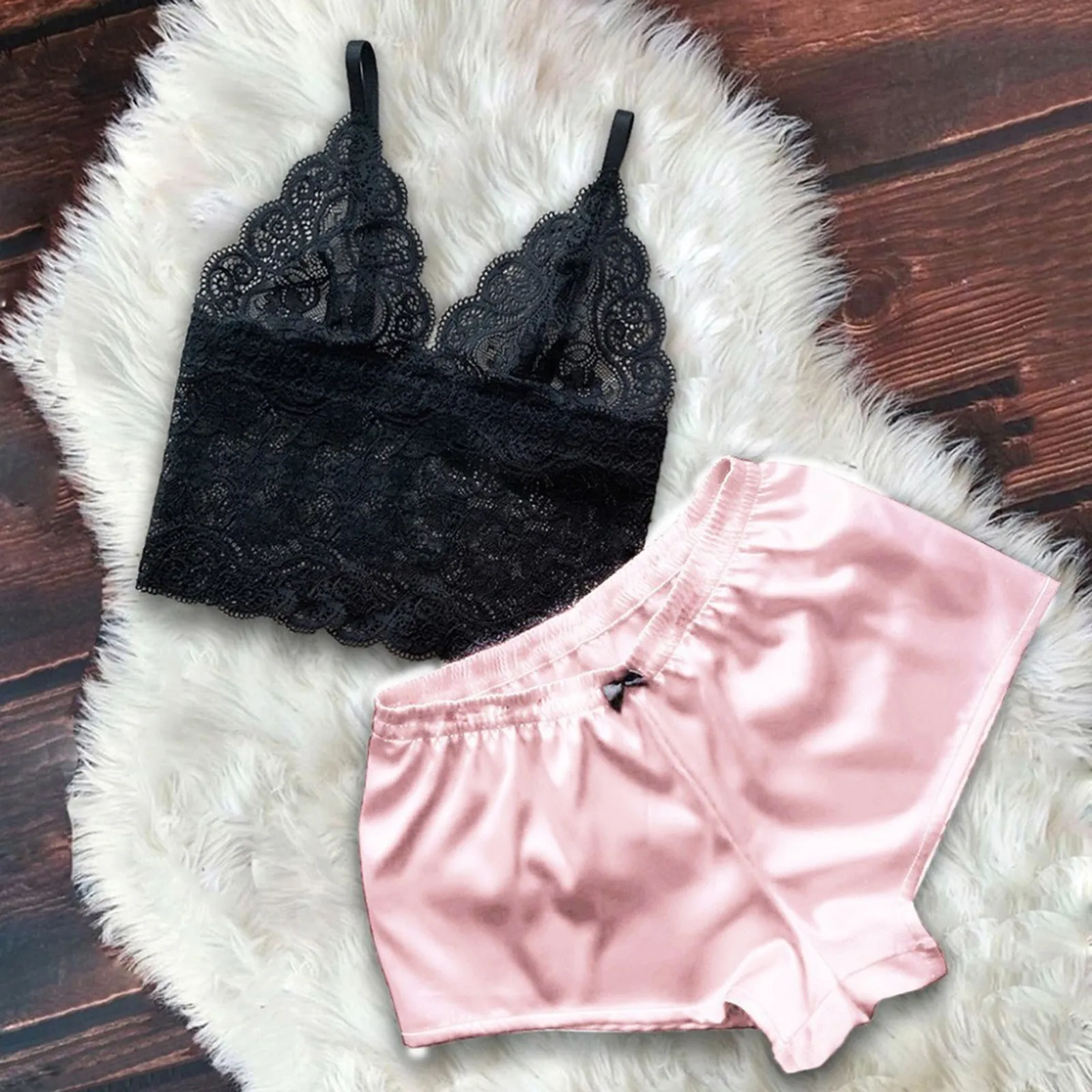

Ladies Pajama Set Lace Sleepwear V Neck Sexy Pajamas Satin Night Wear Home Suits Sleeveless Cami Top And Shorts Lingerie Sets