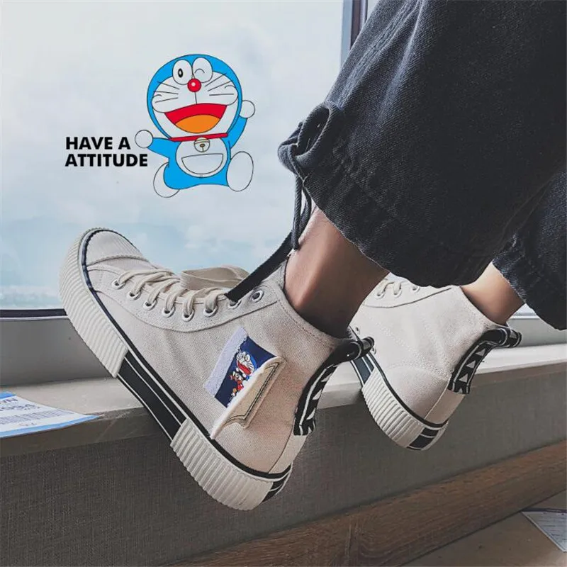 Doraemon White Аниме one piece Luffy мультфильм плимсоллы Косплей парусиновые туфли Caricature модные студенческие Данк высокий черный белый Scrawl доска обувь - Цвет: Doraemon White