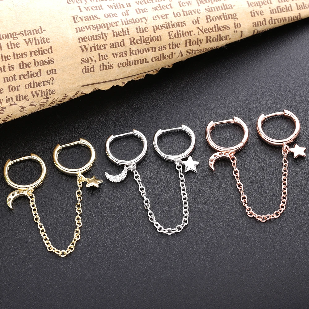 

Slovecabin 925 Sterling Silver Zircon Moon & Star Hoop Huggies Earrings For Women Romantic Crystal Safe Chain Femme Hot Jewelry