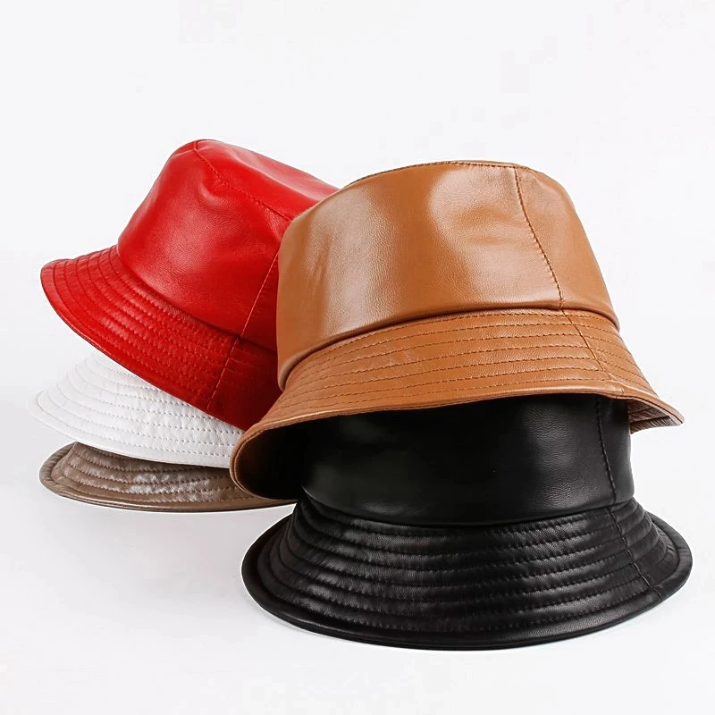 

Spring/Winter Japanese Korean Unisex Genuine Leather Bucket Hats Men/Women White/Khaki Fisherman Caps Easy Carry Street Bonnet