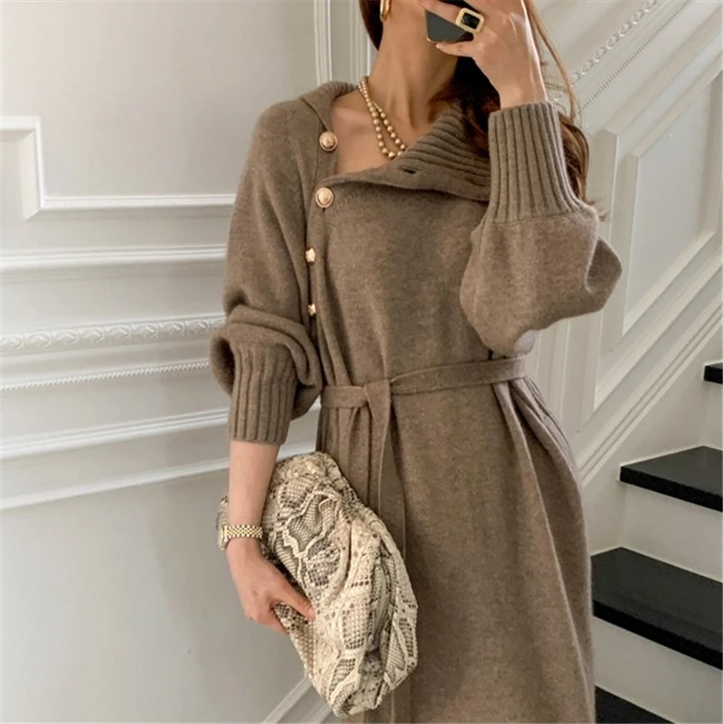 

One-Piece Stylish Turtleneck Buttons Knitted Dress For Women New Winter Thicken Warm Long Sweater Dress Woman Knit Midi Dresses