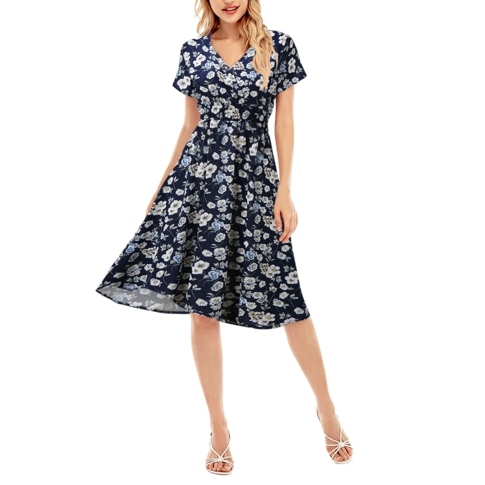 

Summer casual dress women's lace printed chiffon V-neck sexy elegant dress summer loose mini dress Ladi