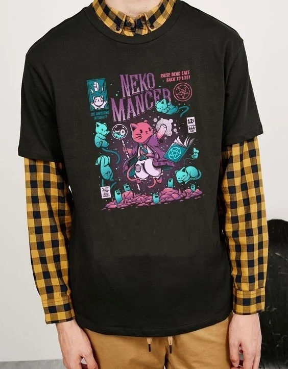 Fashionshow-JF 1pcs Neko Mancer T-Shirt Unisex Cute Aesthetic Grunge Black Tee Satantic Gothic Clothing Witch Shirt | Женская одежда