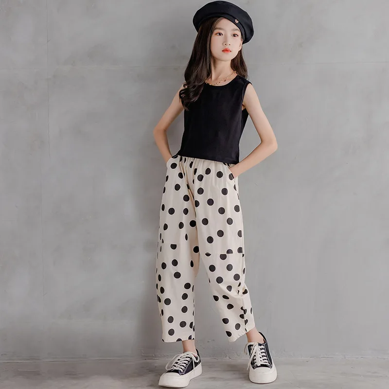 

2024 New Kids Girl Fashion Outfit Set Summer Vest T-Shirt Black + Dot Pants Set For Children Girls Casual Teen Clothing Sets