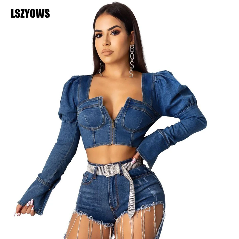 Женские укороченные джинсовые блузки винтажные рубашки на молнии с длинным