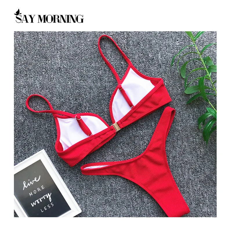 Комплект бикини с V-образным вырезом и открытой спиной однотонный лето 2021 |