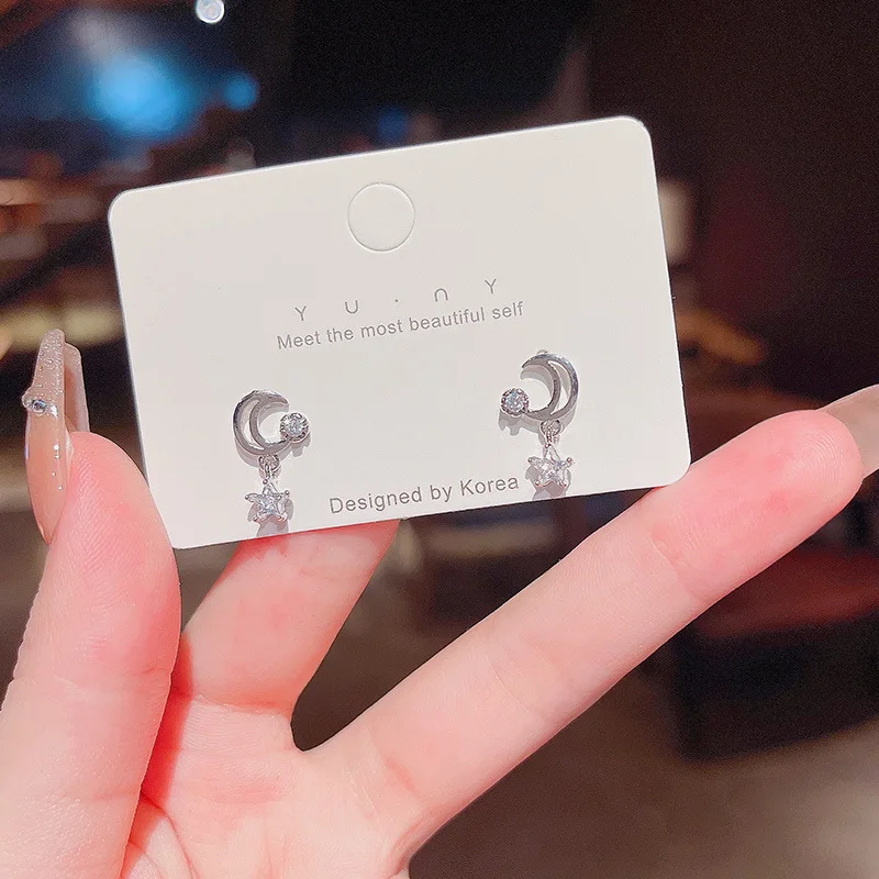 

New Fashion Asymmetric Star Moon Stud Earrings for Women Korean Style Zircon Pendant Earrings 925 Silver Needle Party Jewelry