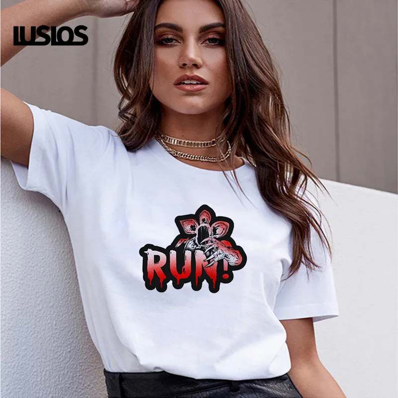 LUSLOS смешной фильм футболка Stanger вещи принт Для женщин летние шорты рукав Повседневное белая футболка с круглым вырезом топы для женщин Harajuku футболки для девочек