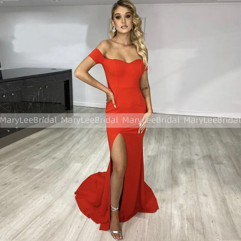 

Off Shoulder Red Mermaid Evening Dresses Sweetheart Neckline Front Slit Maxi Robe De Soiree Custom Made Sweep Train Evening Gown