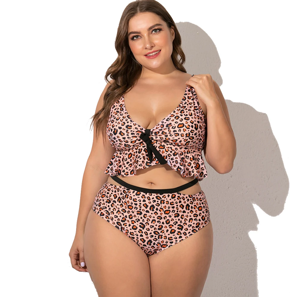 Женский леопардовый купальник из двух предметов с высокой талией и оборками |