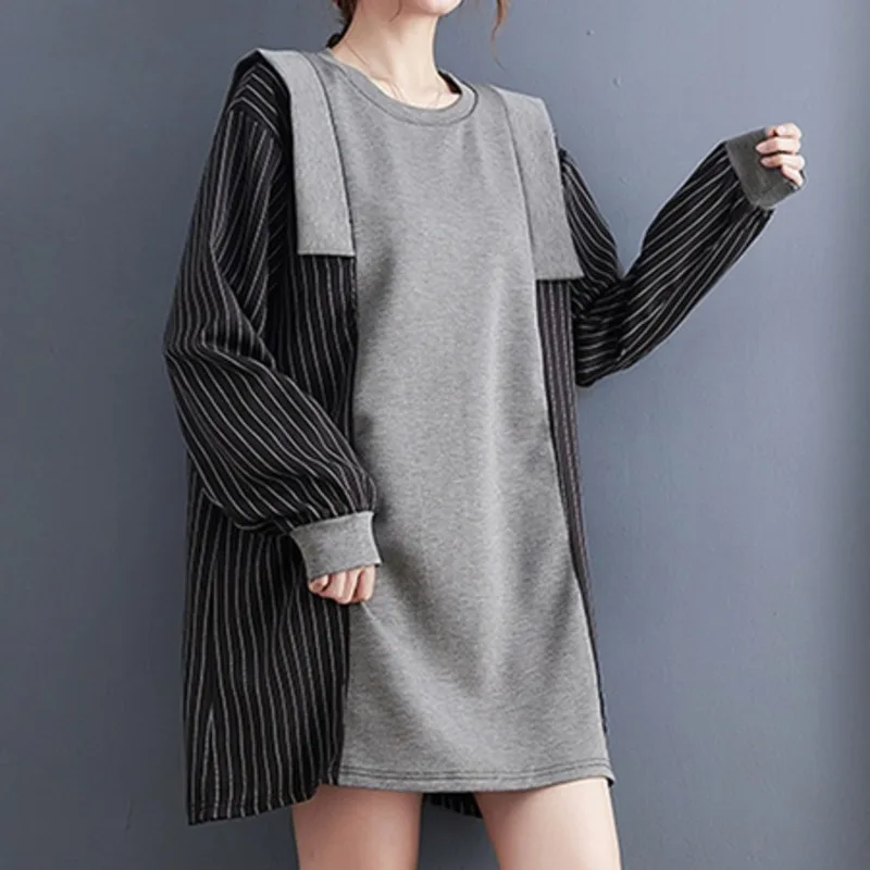 

#0148 Spring Autumn Mini Dresses Ladies Cotton Loose Dress Women Full Sleeve Striped Short Dresses Female Vintage Black Grey