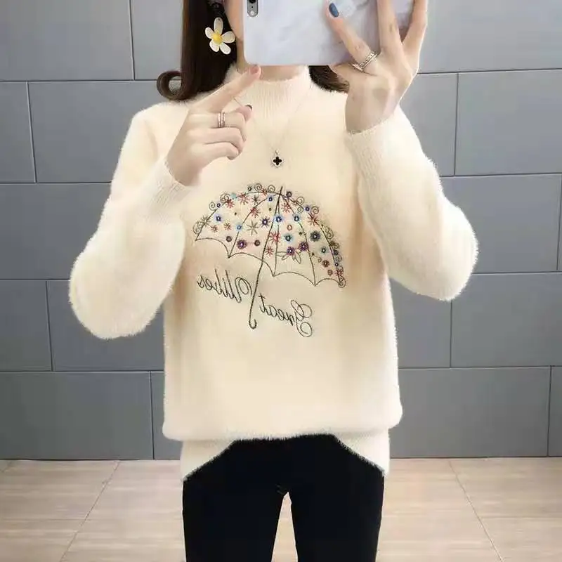 

2021 Autumn Winter Women Thick Warm Knit Pullover Female Loose Imitation Mink Velvet Sweater Lady Casual Embroidery Jumper K624