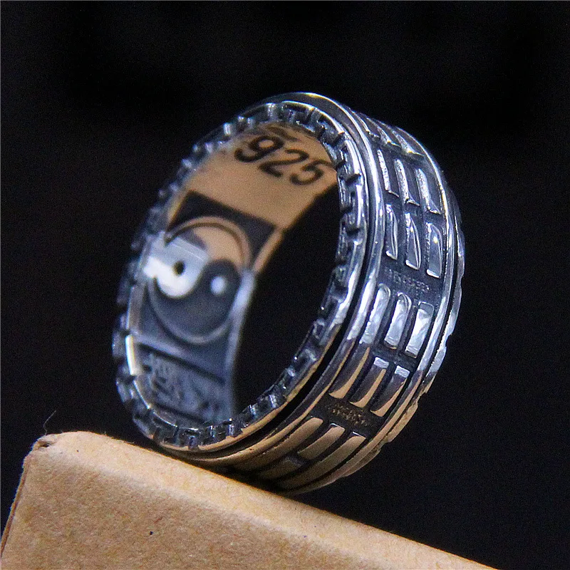 

MeibaPJ Chinese Style Retro Yin Yang Fish Taiji Bagua Heaven And Earth Rotatable Ring 925 Sterling Silver Boutique Jewelry