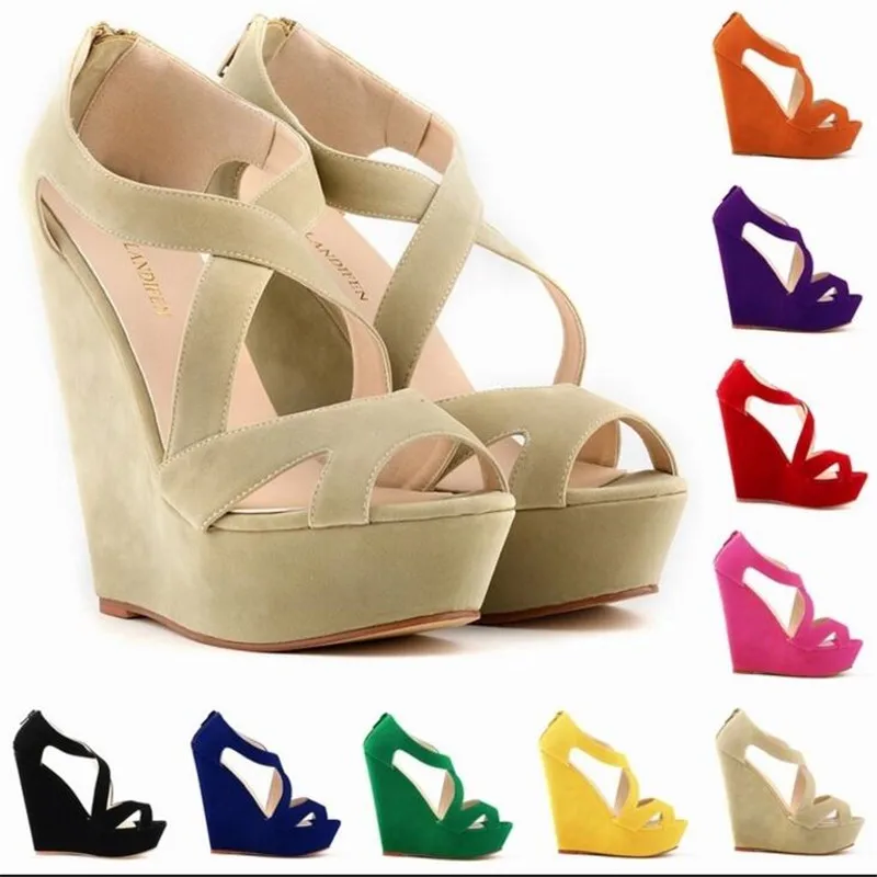 

Summer Wedges Pumps Flock 14cm Sandals Flock Women High Platform Heels Cozy Shoes Open Toe Elevator Wedge Sandal Plus Size