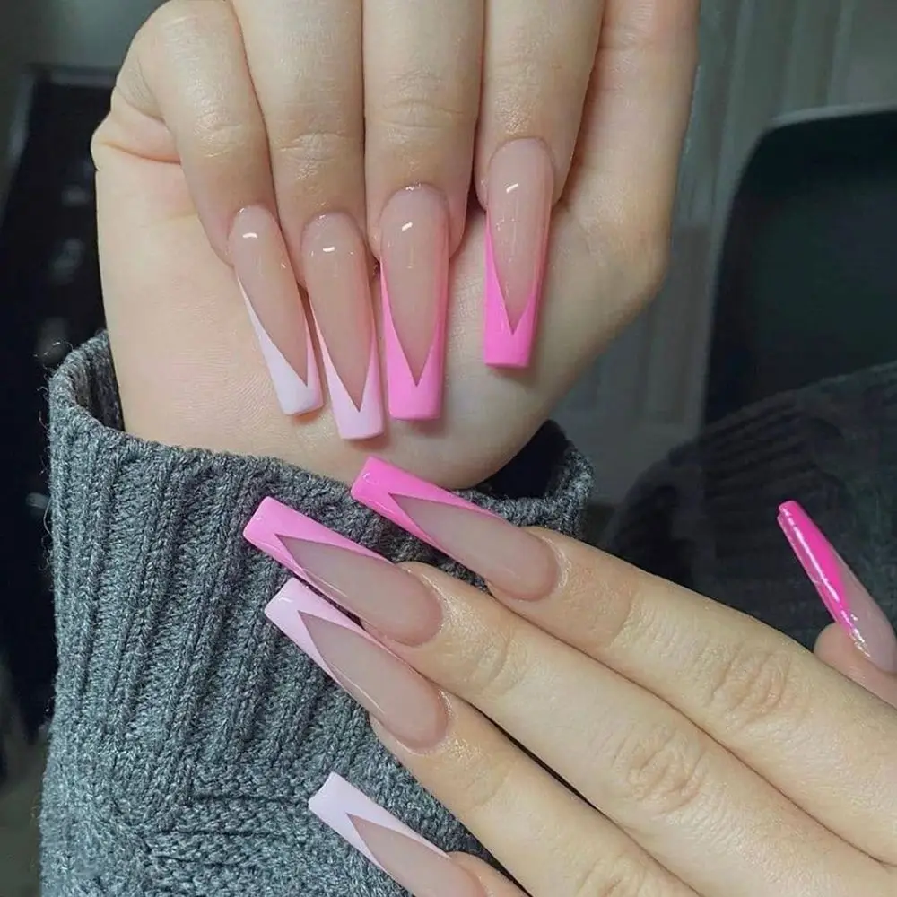 

Artificial Pink French Long Coffin False Nails Wearable Ballerina Fake Nails Press On Nail Full Cover Nail Art Tips With glue