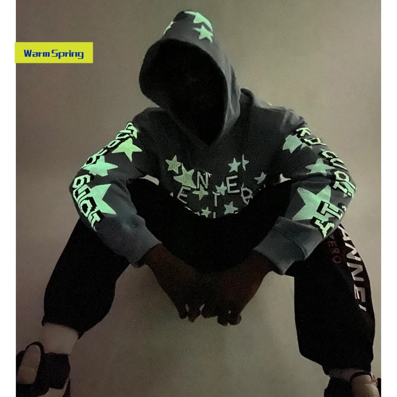 

Five Star Letter Print Luminous Stranger Things Hoodies Men and Women Hanrajuku Stretwear Oversize Sweatshirt Hip Hop Hoody