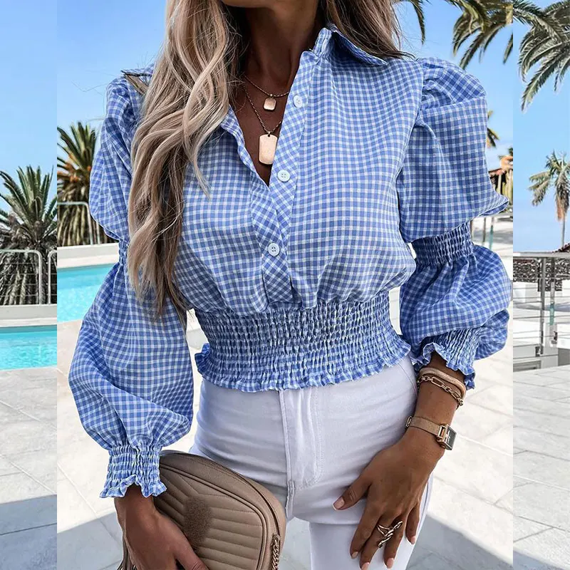 

2021 Summer Women Casual Button Design Turn-down Collar Tops Lantern Sleeve Shirring Detail Plaid Shirt For Daily