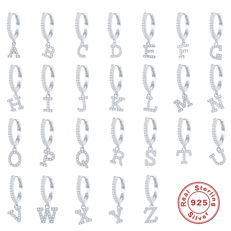 Pendientes de aro de Plata de Ley 925 con 26 letras para mujer, colgante de circonia cúbica con